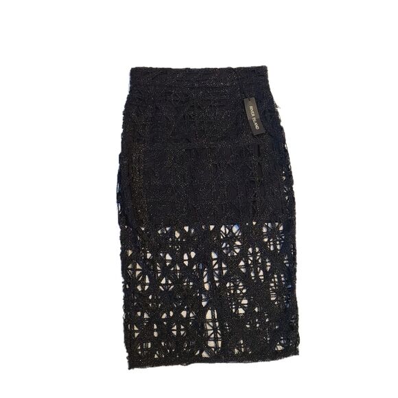 River Island NWT Black Metallic Premium Lace Caged Slim Pencil Skirt, Size 6 - Picture 2 of 9